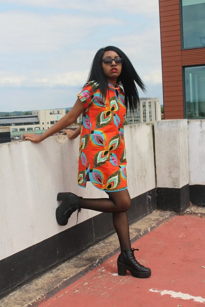 African Dress in Orange Ankara Print