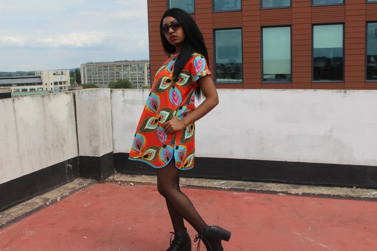 African Dress in Orange Ankara Print