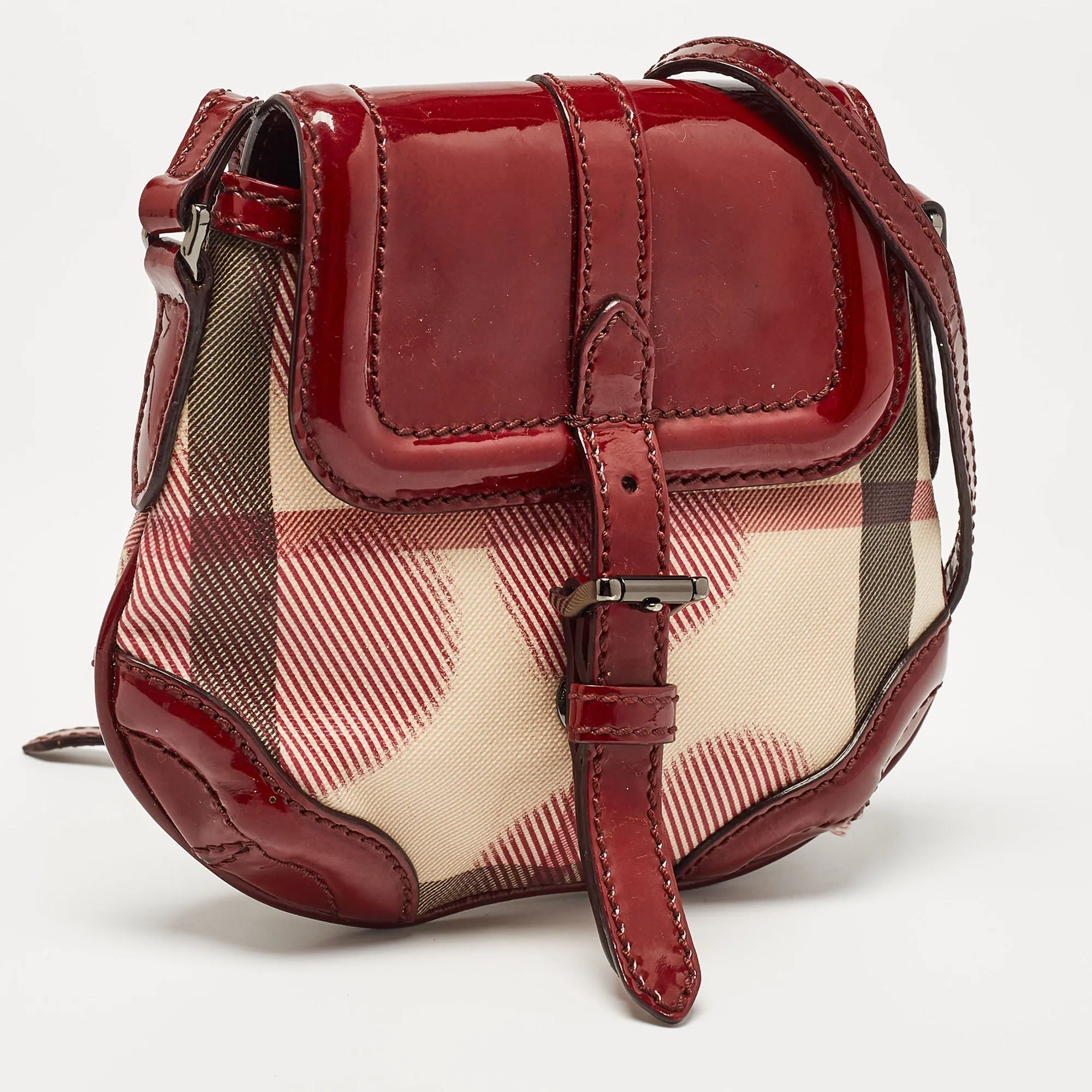 BURBERRY Burgundy/Beige House Check PVC and Patent Leather Heart Flap Crossbody Bag