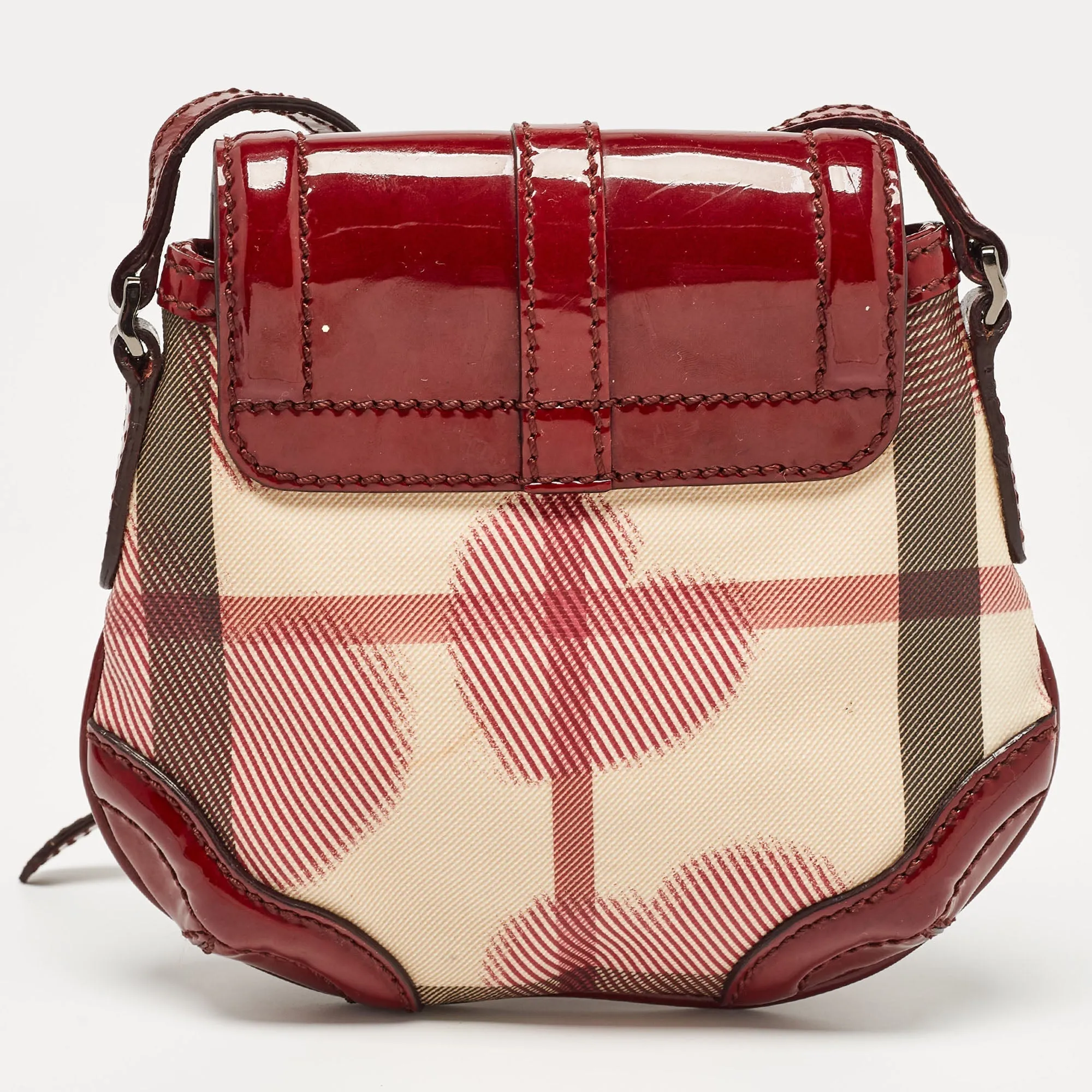 BURBERRY Burgundy/Beige House Check PVC and Patent Leather Heart Flap Crossbody Bag