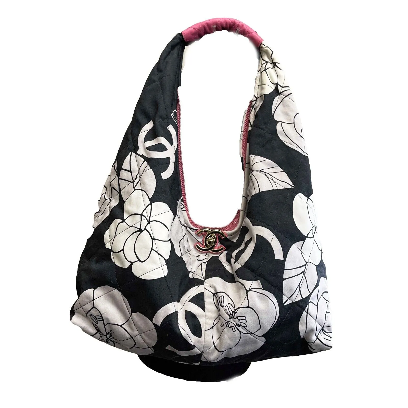 CHANEL - Camellia CC Hobo Quilted Printed Satin Shoulder Bag w/ Pouch