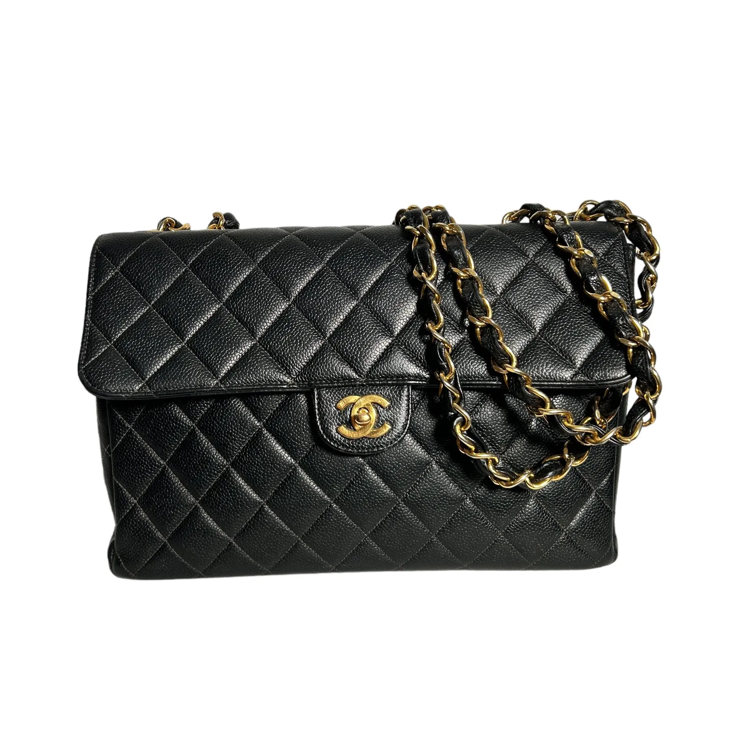 CHANEL Classic Jumbo Black Quilted Caviar Leather 24k Gold