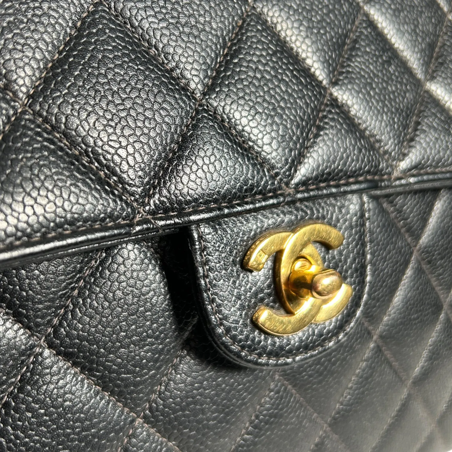 CHANEL Classic Jumbo Black Quilted Caviar Leather 24k Gold