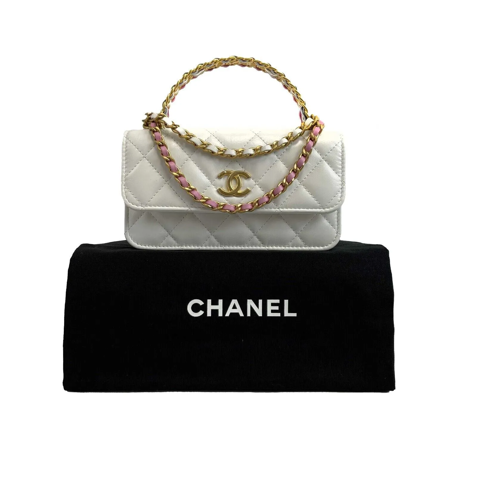 CHANEL - Small Quilted White Lambskin CC ‘CHANEL’ Top Handle / Crossbody