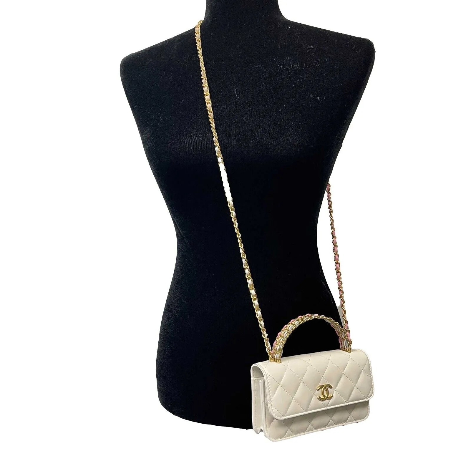 CHANEL - Small Quilted White Lambskin CC ‘CHANEL’ Top Handle / Crossbody