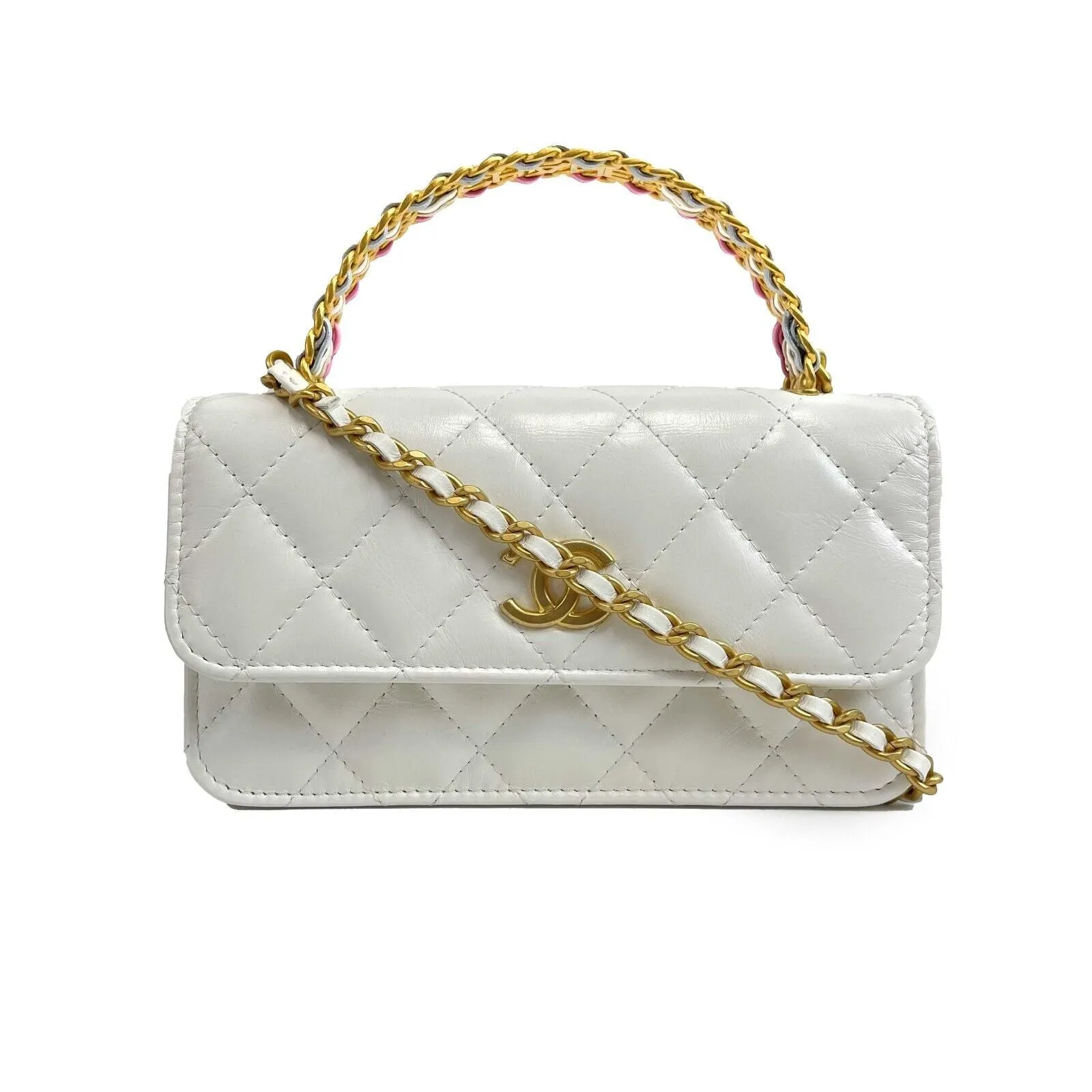 CHANEL - Small Quilted White Lambskin CC ‘CHANEL’ Top Handle / Crossbody