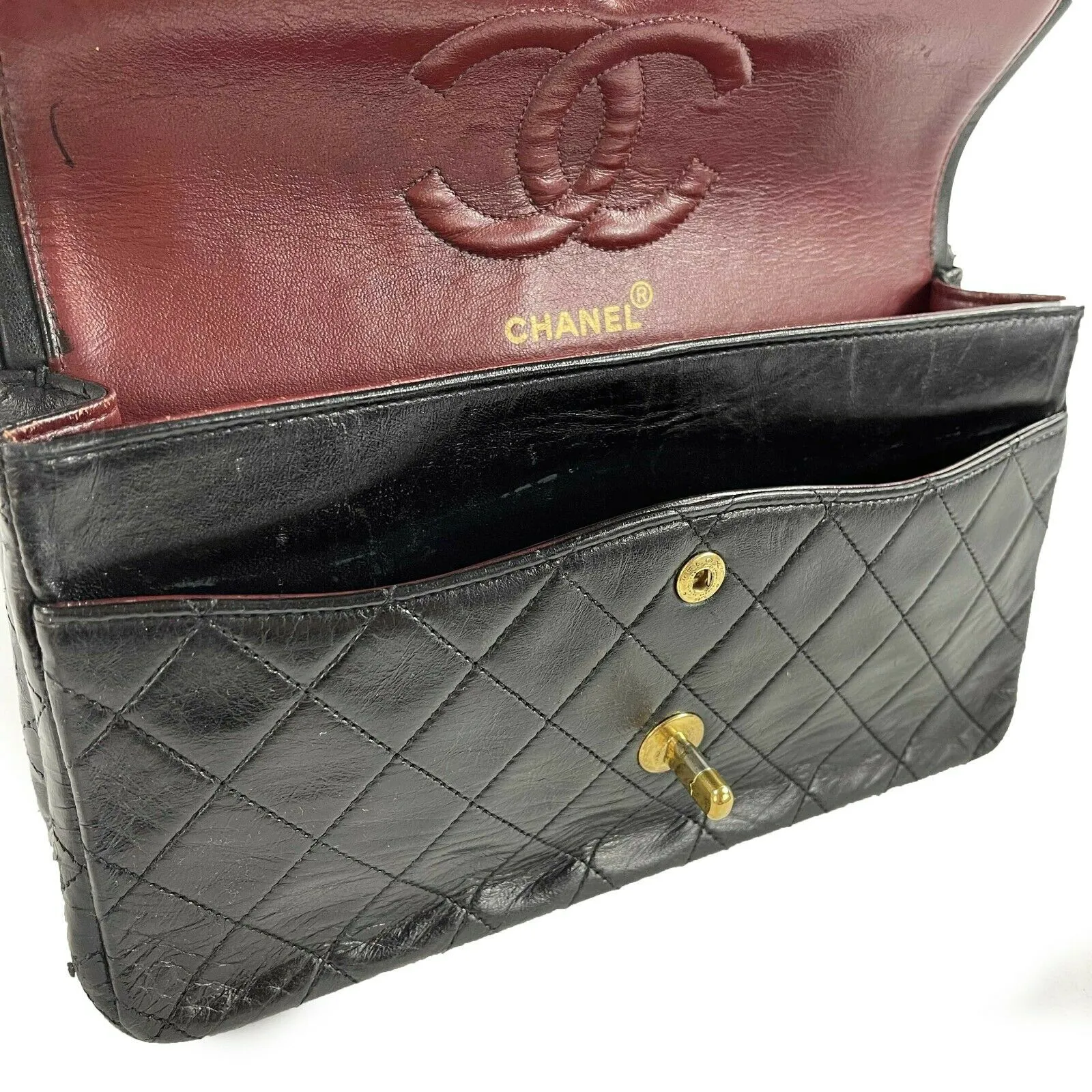 CHANEL - Vintage Black / Gold CC Medium Double Flap Quilted Shoulder / Crossbody