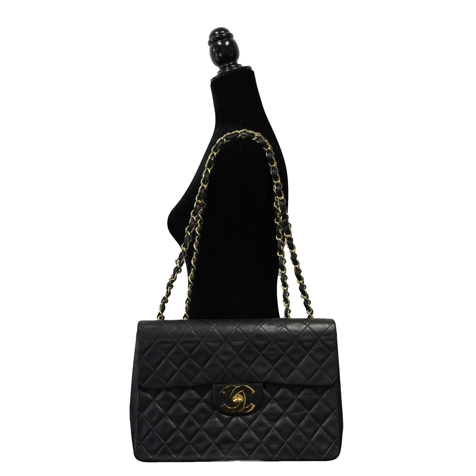 Chanel - Vintage CC Classic Black Single Flap Quilted Lambskin Maxi Shoulder Bag