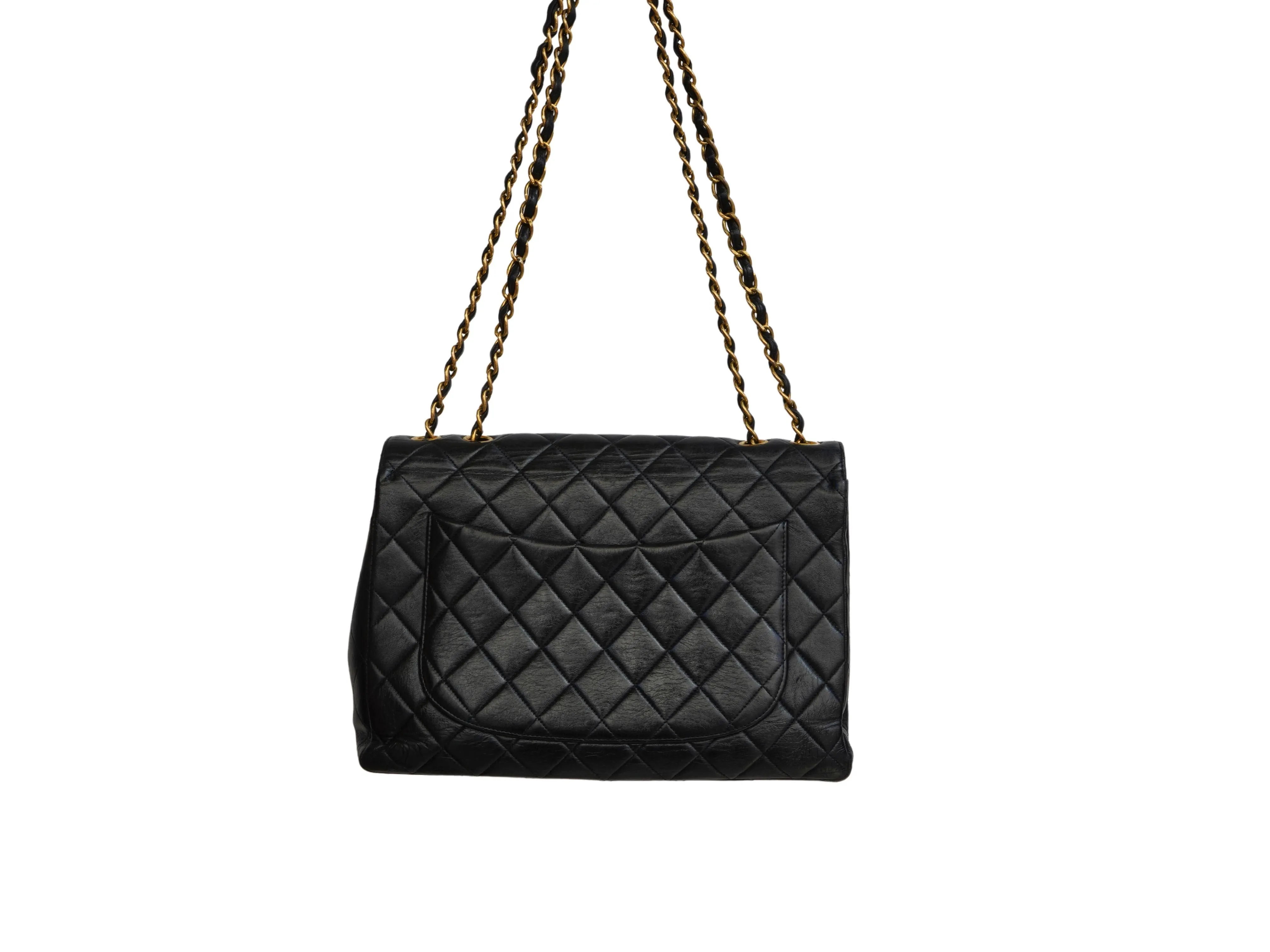 Chanel Vintage Jumbo Black Quilted Lambskin Charm "CC" 24K Tassel Handbag Purse