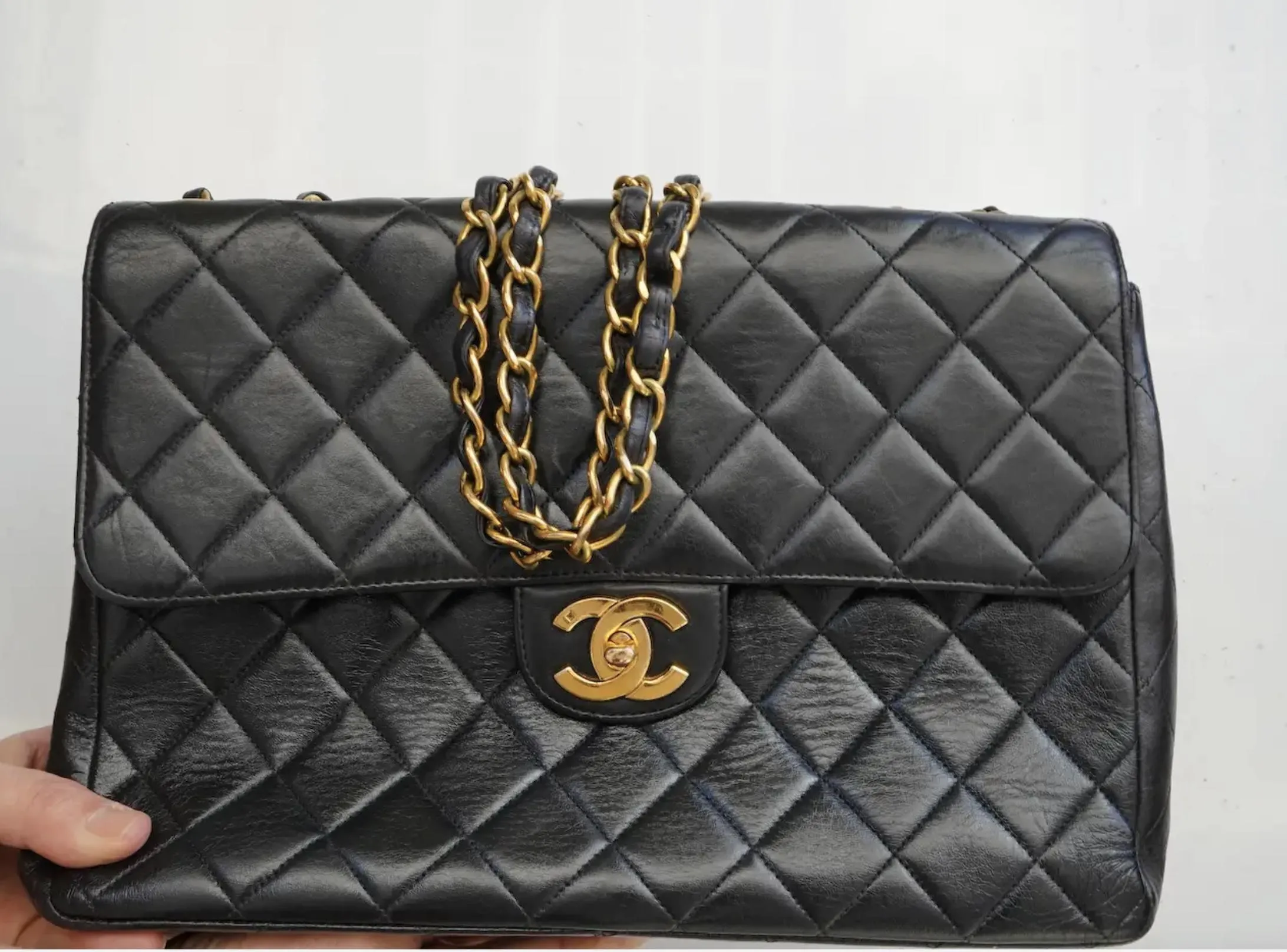 Chanel Vintage Jumbo Black Quilted Lambskin Charm "CC" 24K Tassel Handbag Purse