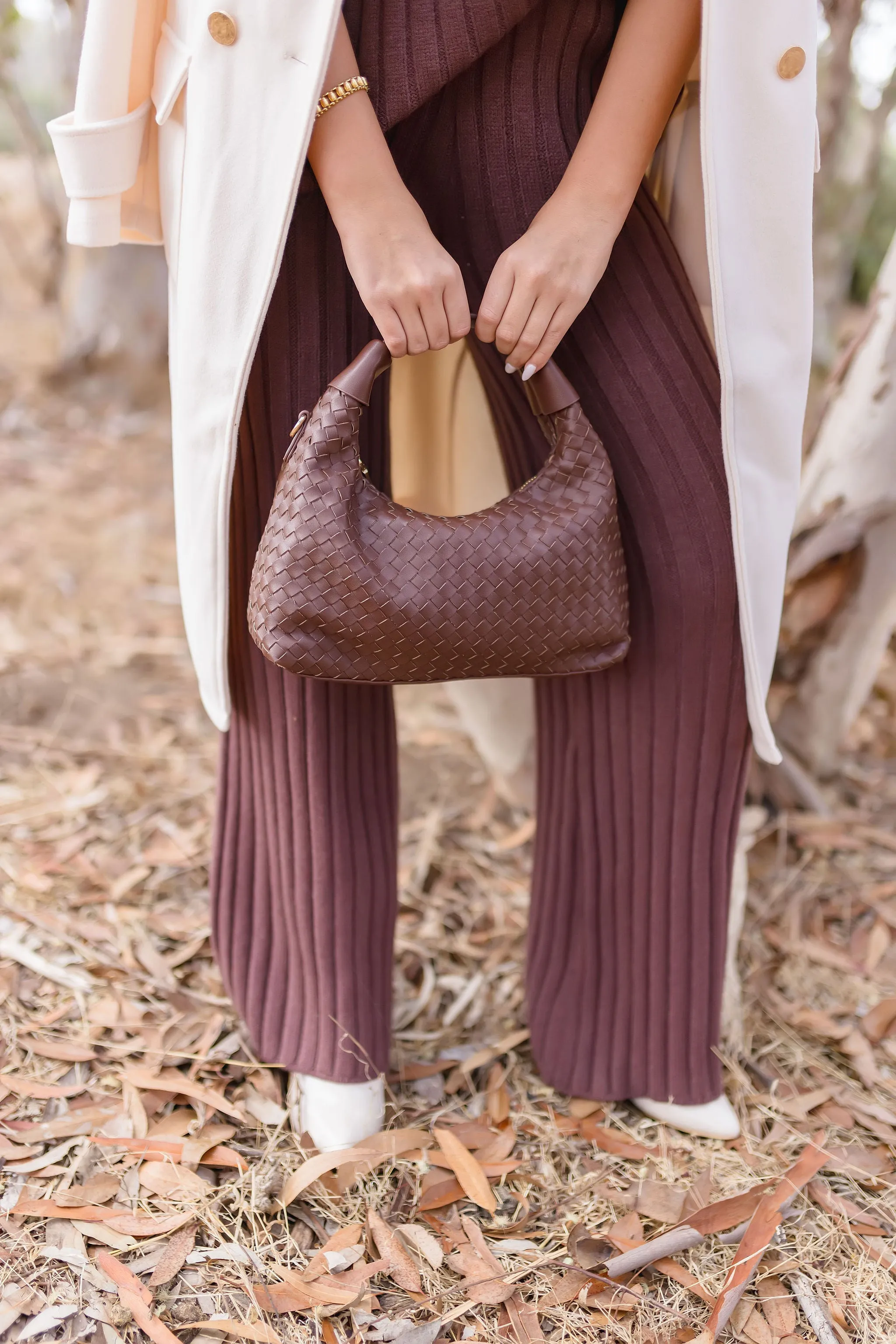 Cora Top Handle Vegan Leather Woven Purse Brown