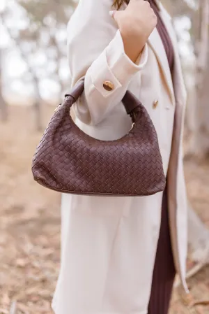 Cora Top Handle Vegan Leather Woven Purse Brown