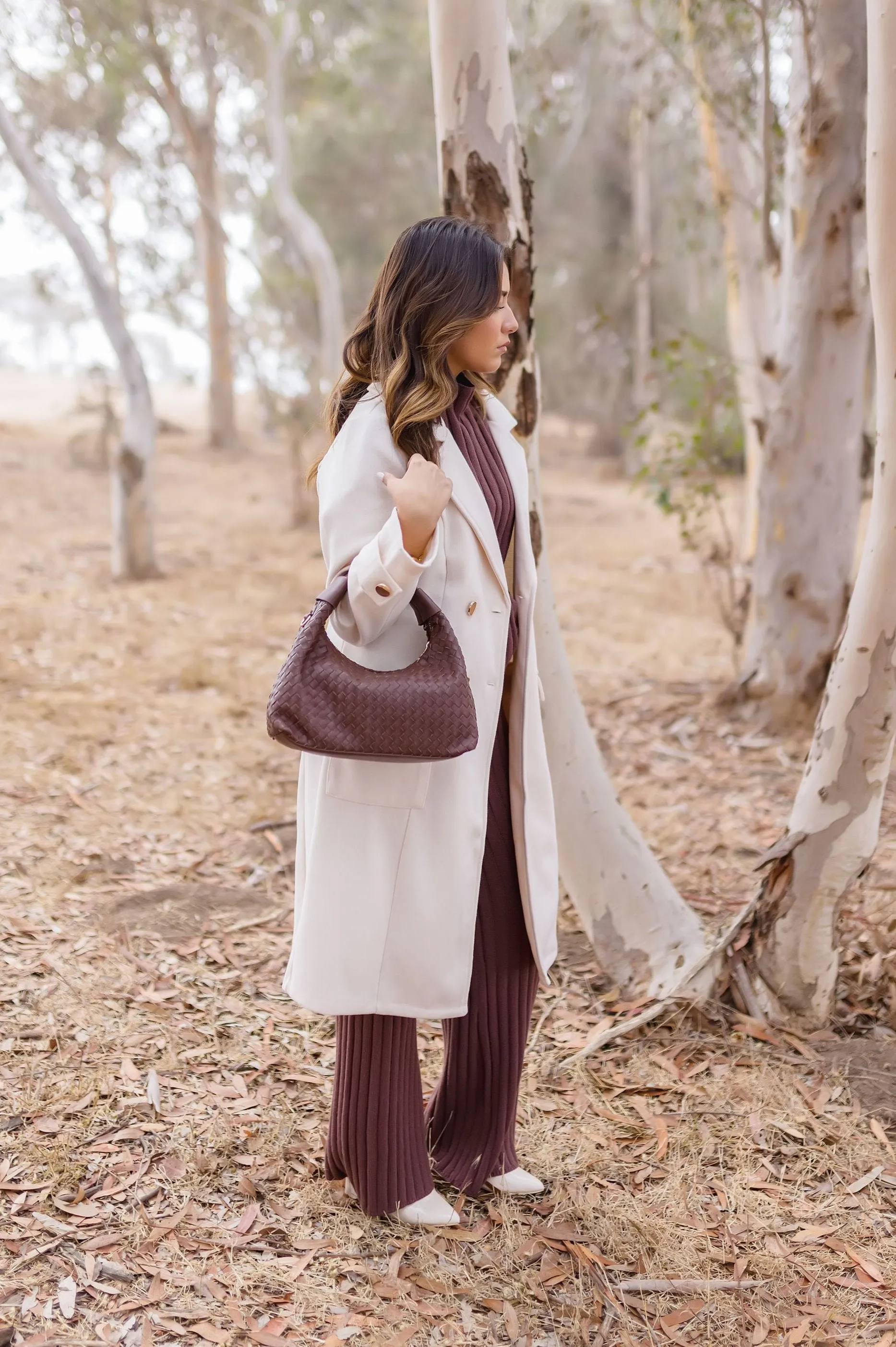 Cora Top Handle Vegan Leather Woven Purse Brown