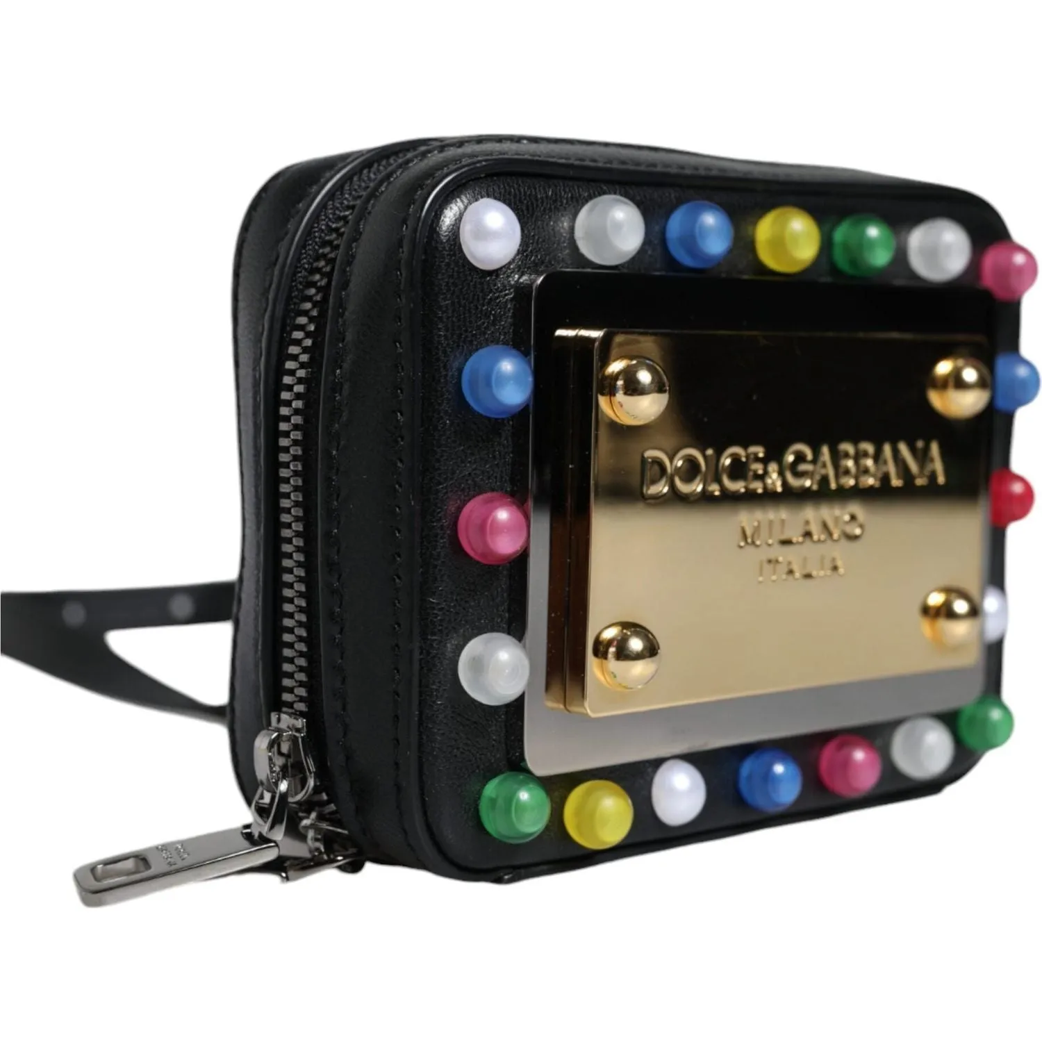 Dolce & Gabbana Black Leather LED Logo Shoulder Crossbody Bag