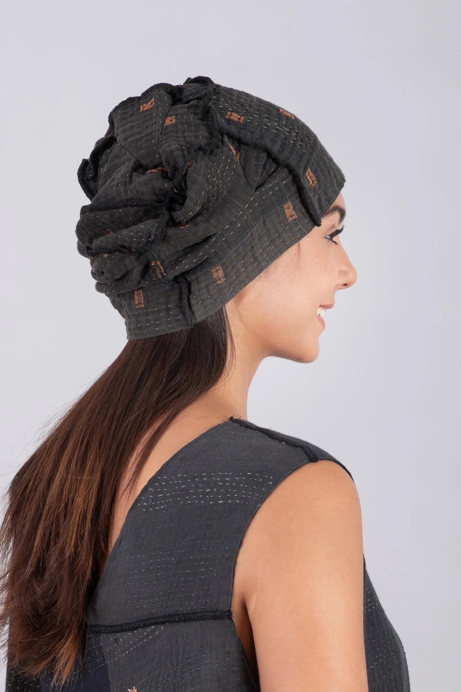 FRAYED PATCH MIX KANTHA PATCHWORK HAT - fm4880-blk -