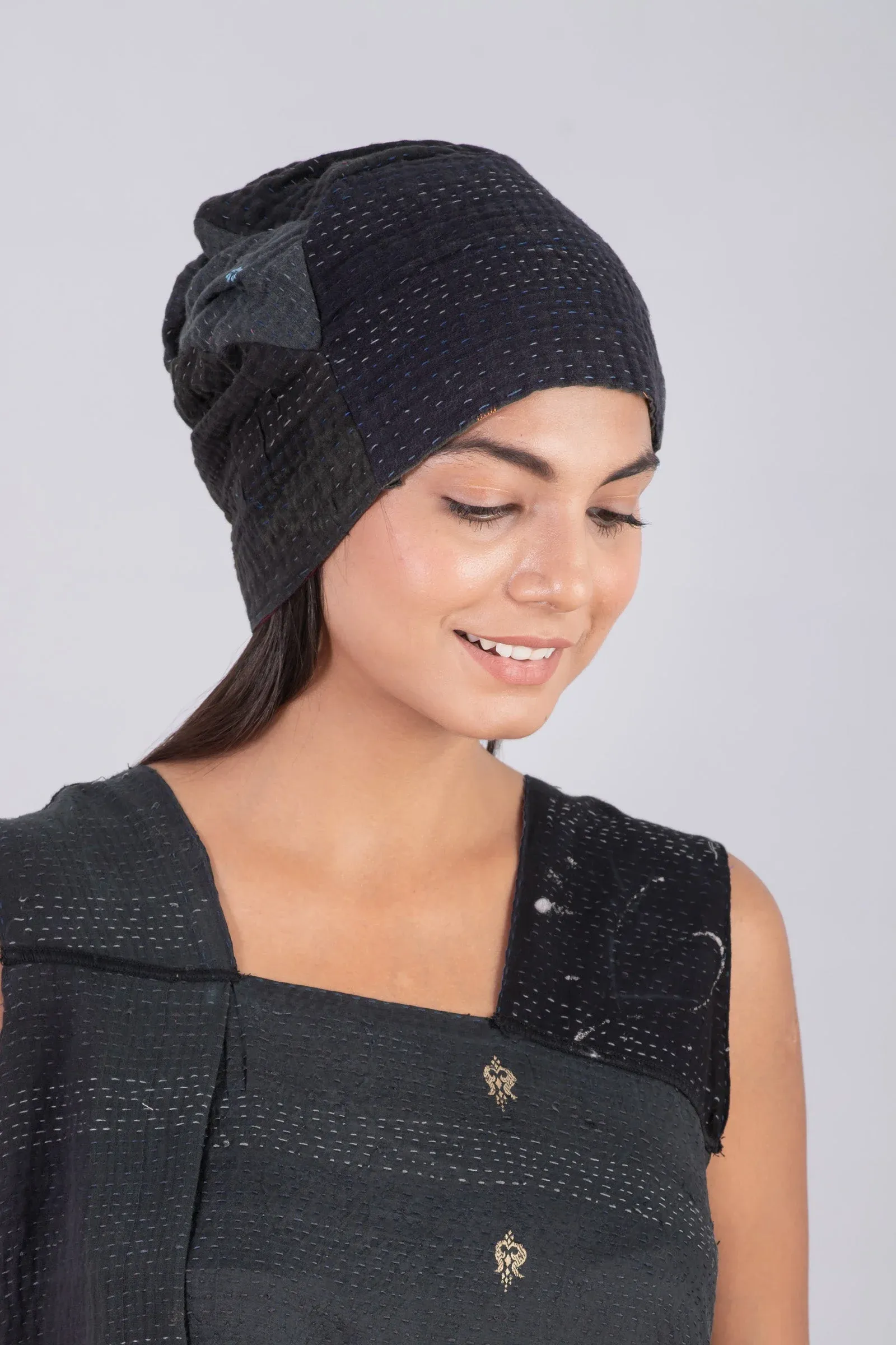 FRAYED PATCH MIX KANTHA PATCHWORK HAT - fm4880-blk -