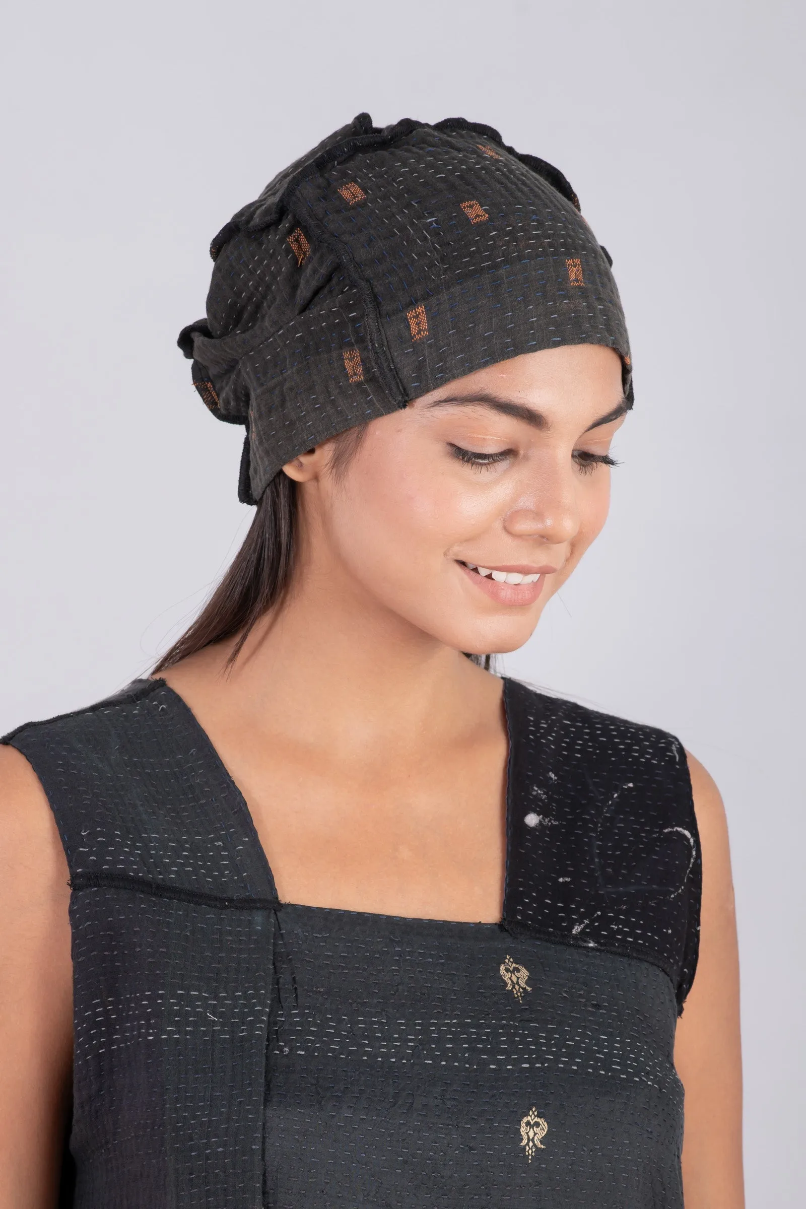 FRAYED PATCH MIX KANTHA PATCHWORK HAT - fm4880-blk -