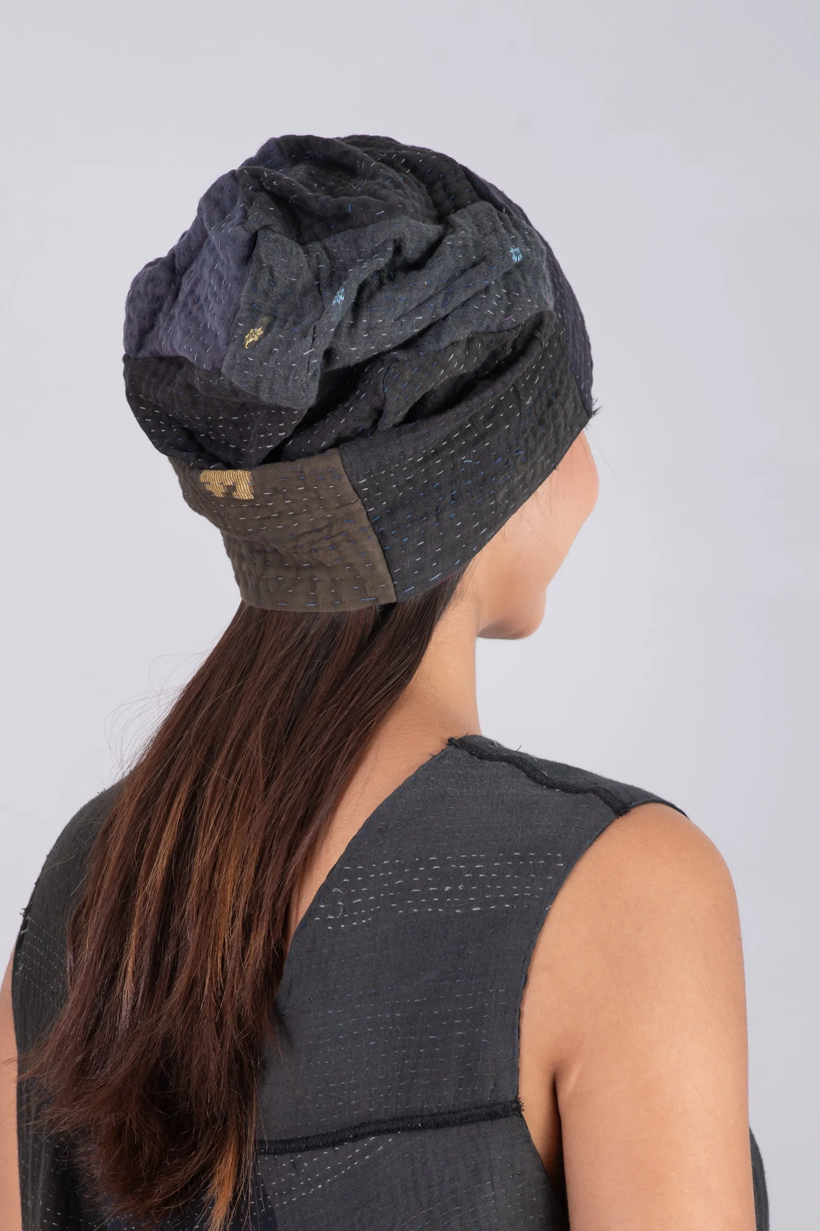 FRAYED PATCH MIX KANTHA PATCHWORK HAT - fm4880-blk -