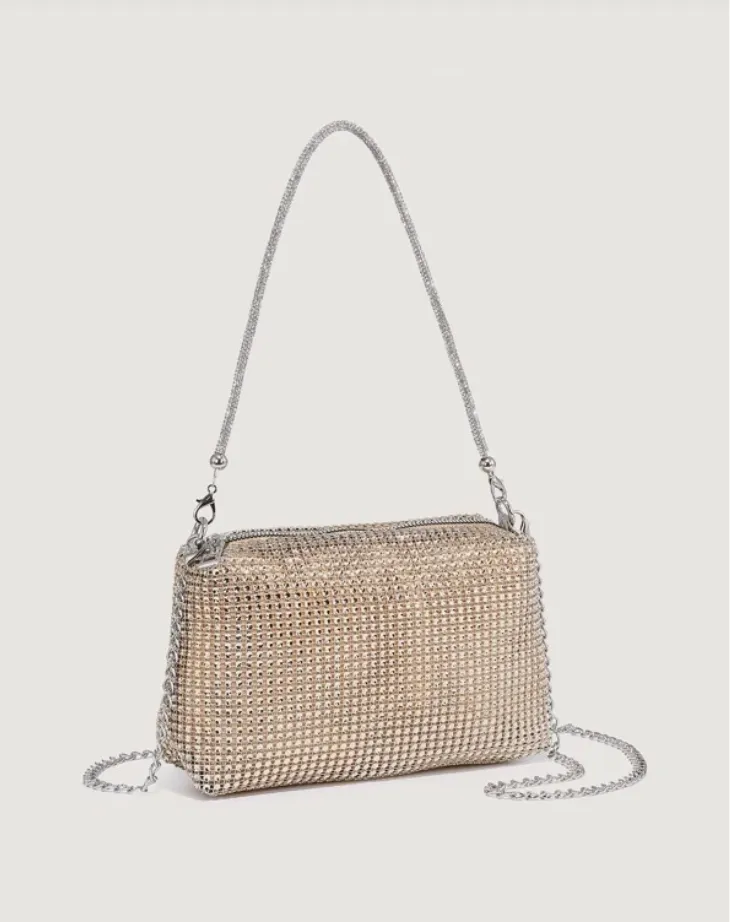 Gold Rhinestone Square Bag with Glitter Bling Chain