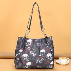 Large Capacity Punk Floral Skull Print Tote Bag - Stylish Single-Strap Shoulder Bag with Fixed Straps, Zipper Closure, Polyester Lining - Versatile Handbag for Daily Commute, Work, and Travel