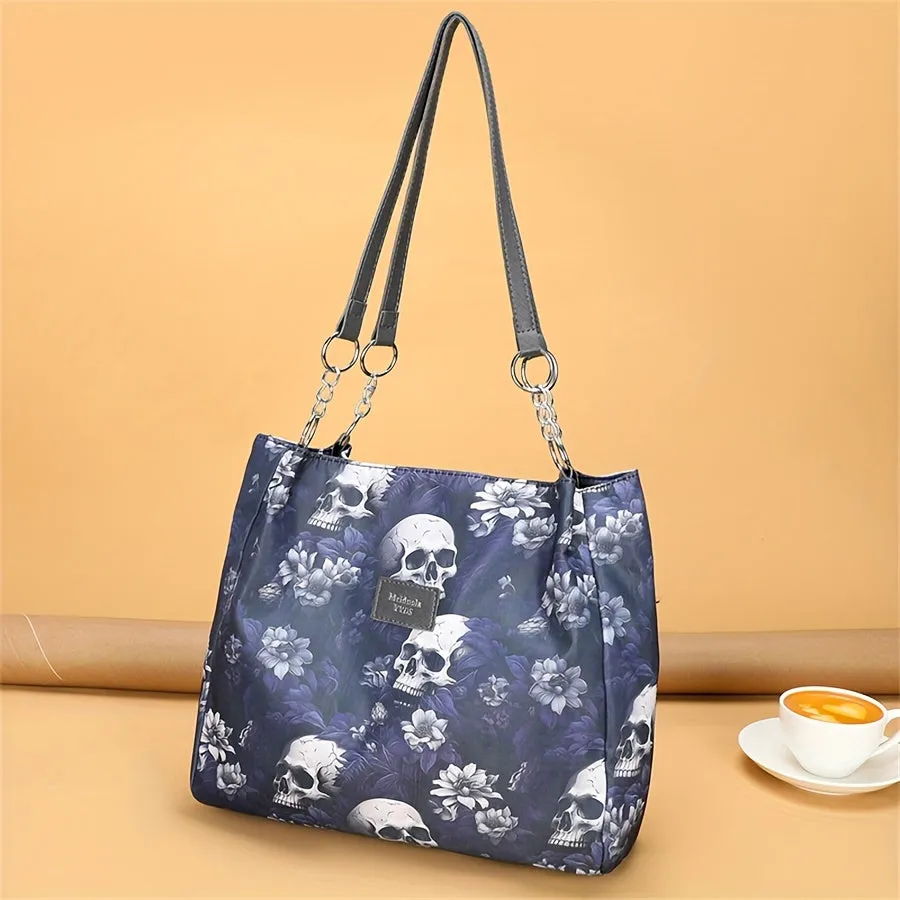 Large Capacity Punk Floral Skull Print Tote Bag - Stylish Single-Strap Shoulder Bag with Fixed Straps, Zipper Closure, Polyester Lining - Versatile Handbag for Daily Commute, Work, and Travel