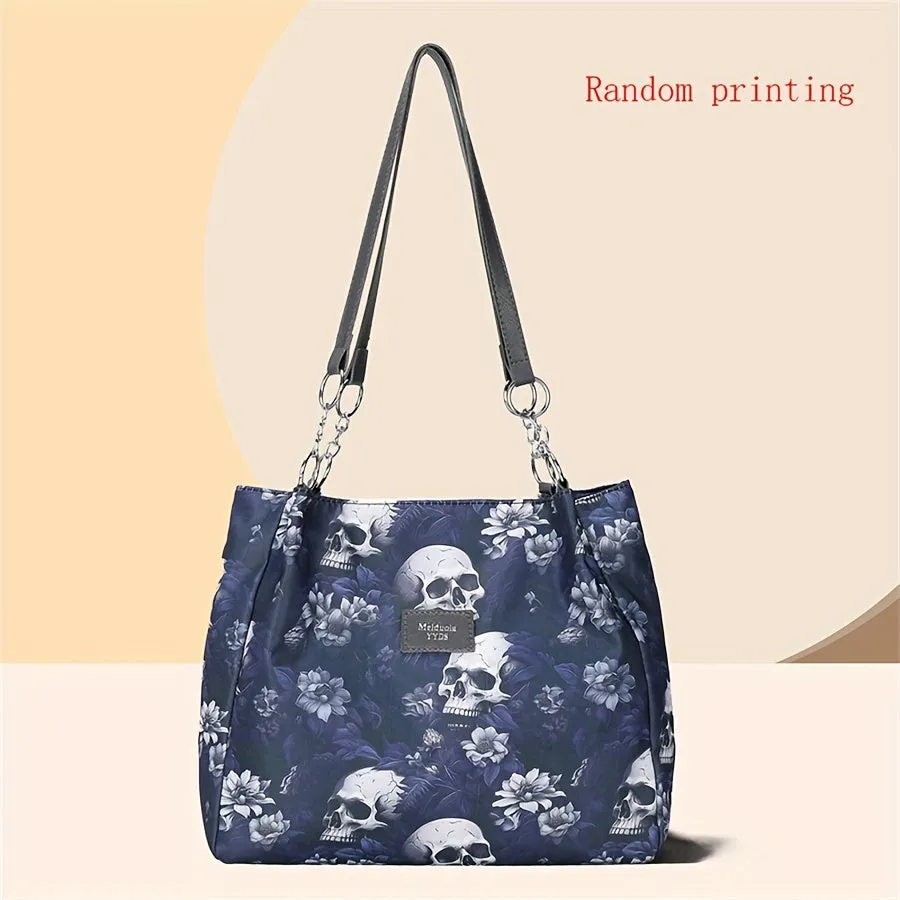 Large Capacity Punk Floral Skull Print Tote Bag - Stylish Single-Strap Shoulder Bag with Fixed Straps, Zipper Closure, Polyester Lining - Versatile Handbag for Daily Commute, Work, and Travel