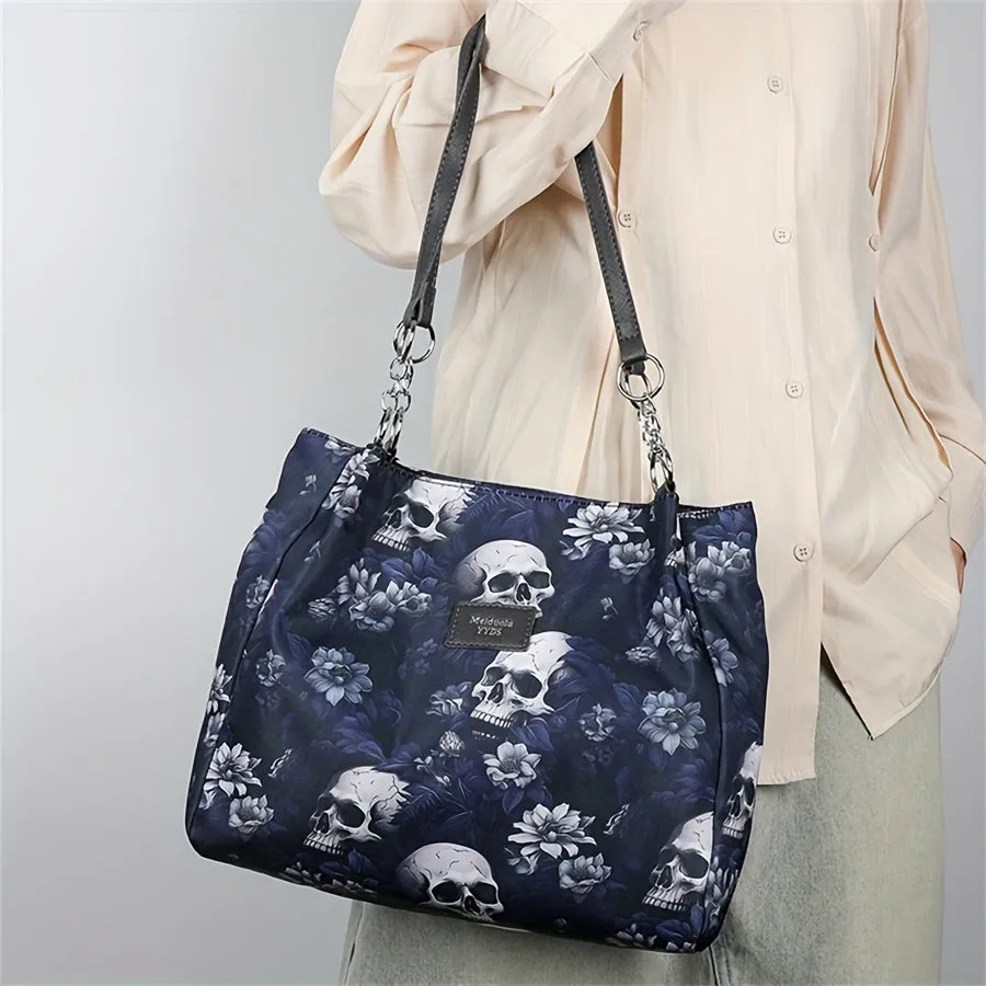 Large Capacity Punk Floral Skull Print Tote Bag - Stylish Single-Strap Shoulder Bag with Fixed Straps, Zipper Closure, Polyester Lining - Versatile Handbag for Daily Commute, Work, and Travel