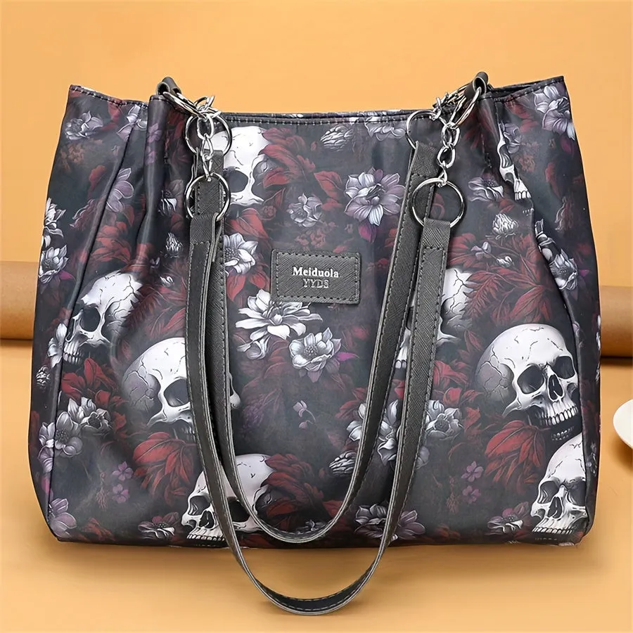 Large Capacity Punk Floral Skull Print Tote Bag - Stylish Single-Strap Shoulder Bag with Fixed Straps, Zipper Closure, Polyester Lining - Versatile Handbag for Daily Commute, Work, and Travel