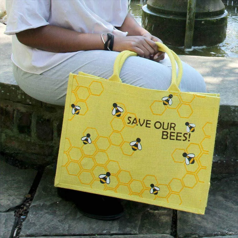 Large Jute Shopping Bag by Shared Earth - Save Our Bees