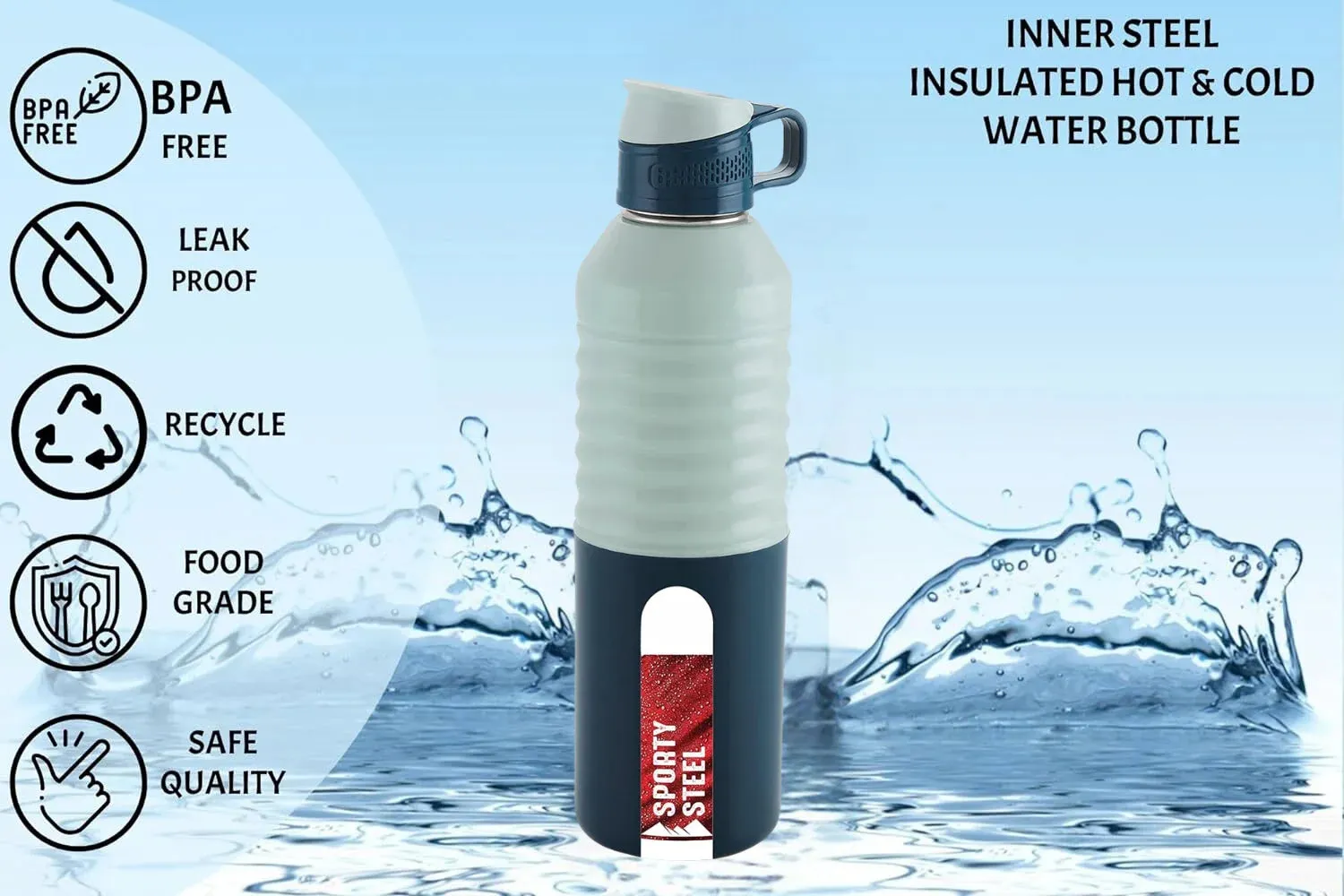 Liza Blue Sporty Insulated Steel Bottle for Office, Home, School | Leak Proof | Wide Mouth 600ml