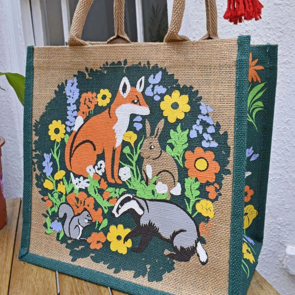 Medium Jute Shopping Bag by Shared Earth - British Woodland Animals