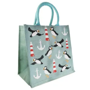 Medium Jute Shopping Bag by Shared Earth - Puffins & Lighthouses