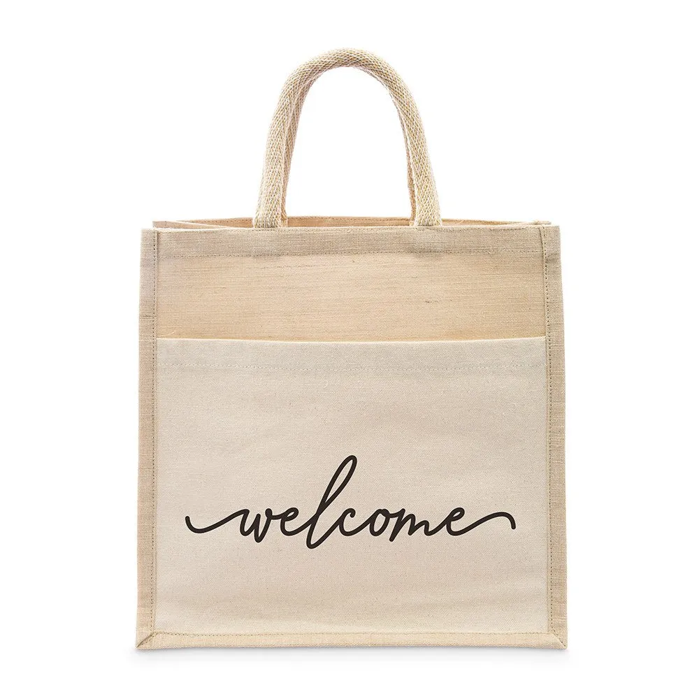 MEDIUM REUSABLE WOVEN JUTE TOTE BAG WITH POCKET - WELCOME