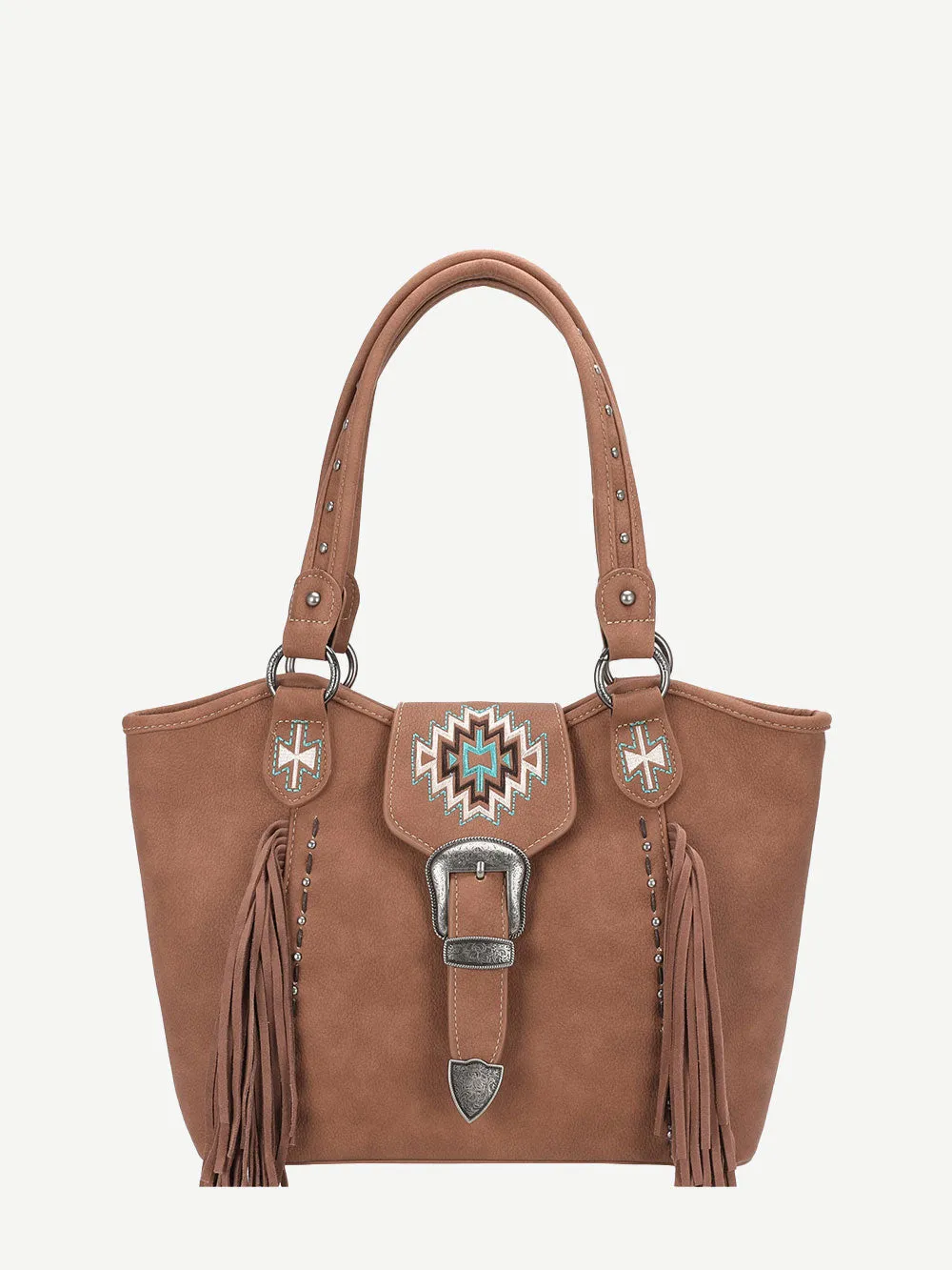 Montana West Embroidered Aztec Leather Fringe Buckle Tote