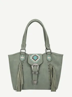 Montana West Embroidered Aztec Leather Fringe Buckle Tote