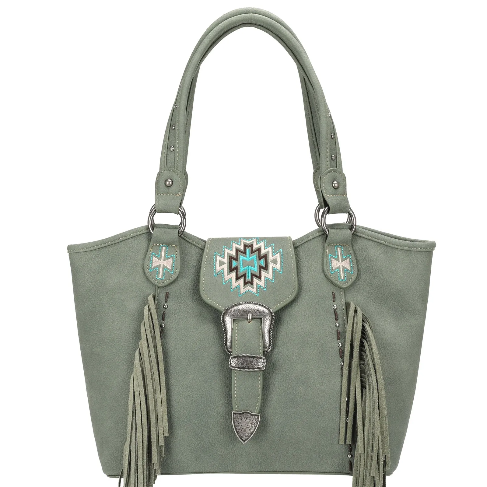 Montana West Embroidered Aztec Leather Fringe Buckle Tote