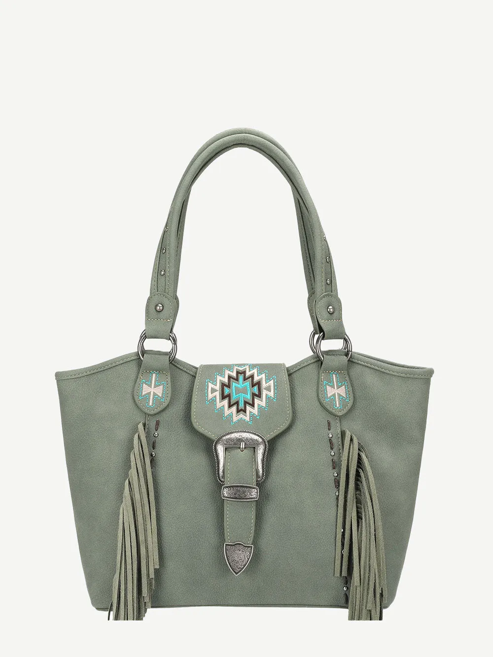 Montana West Embroidered Aztec Leather Fringe Buckle Tote