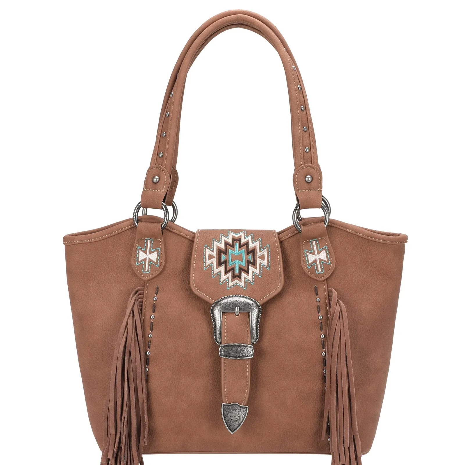 Montana West Embroidered Aztec Leather Fringe Buckle Tote