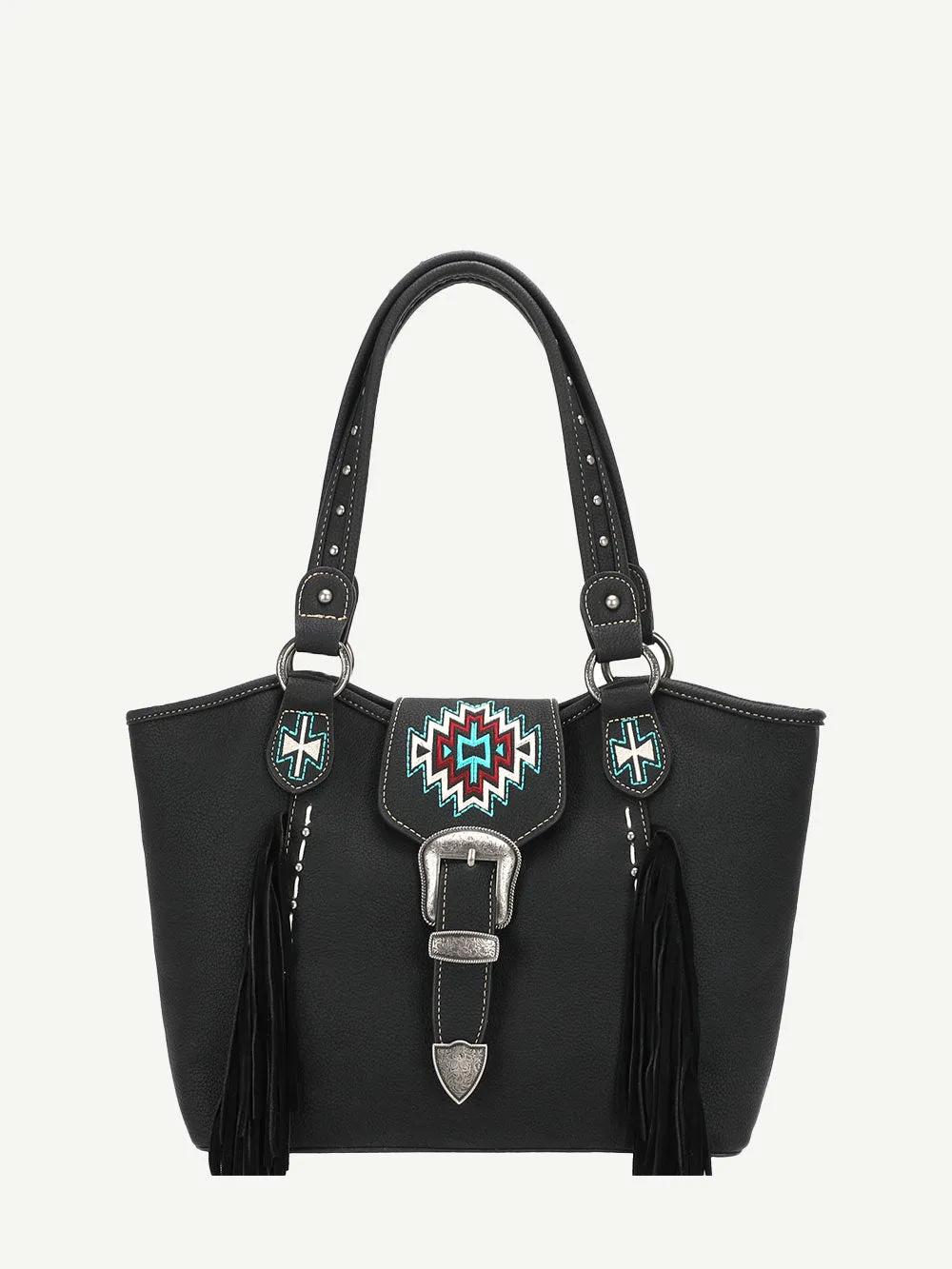 Montana West Embroidered Aztec Leather Fringe Buckle Tote