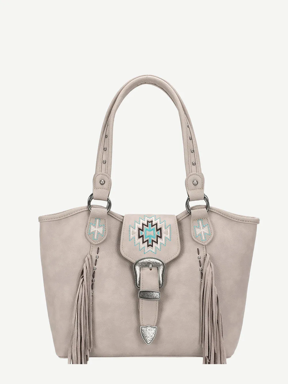 Montana West Embroidered Aztec Leather Fringe Buckle Tote