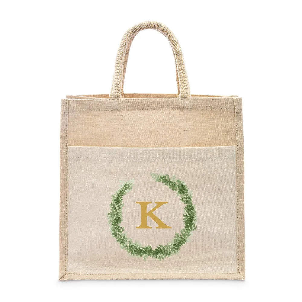 PERSONALIZED WOVEN JUTE MEDIUM TOTE BAG WITH POCKET -  LOVE WREATH MONOGRAM