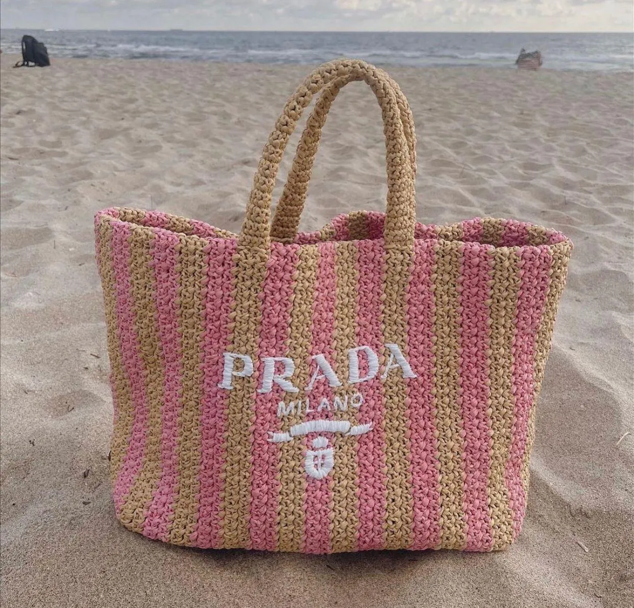 Prada Large Raffia Striped Tote Bag (Tan/Pink)