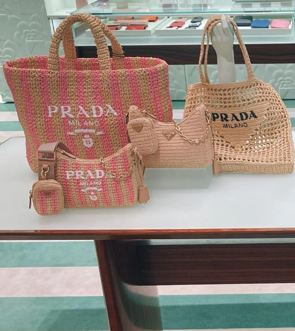 Prada Large Raffia Striped Tote Bag (Tan/Pink)