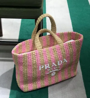 Prada Large Raffia Striped Tote Bag (Tan/Pink)