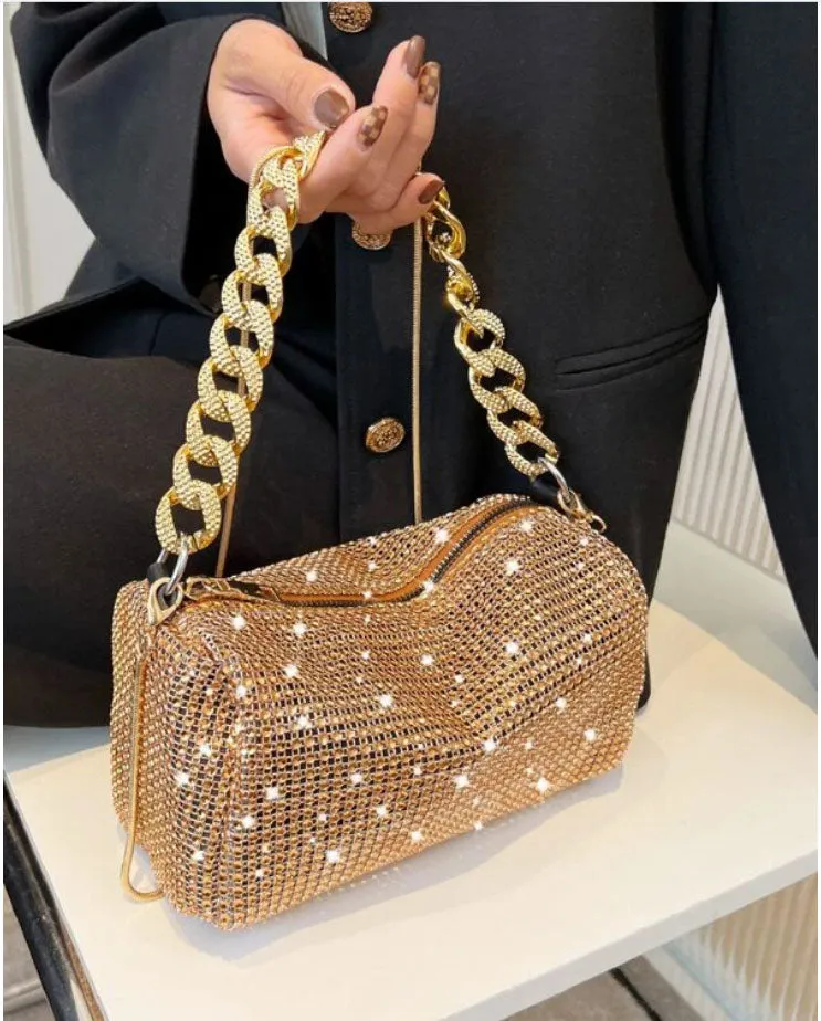 Rhinestone Decor Square Bag with Gold Chain