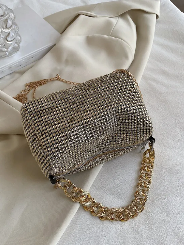 Rhinestone Decor Square Bag with Gold Chain