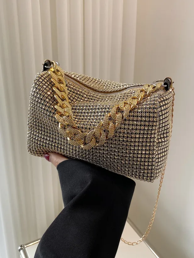 Rhinestone Decor Square Bag with Gold Chain