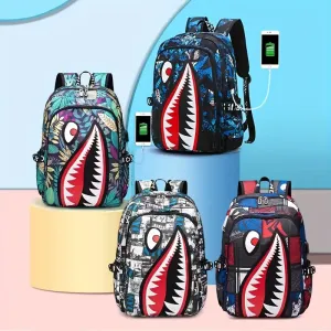 Shark Patterned Nylon Student Backpack