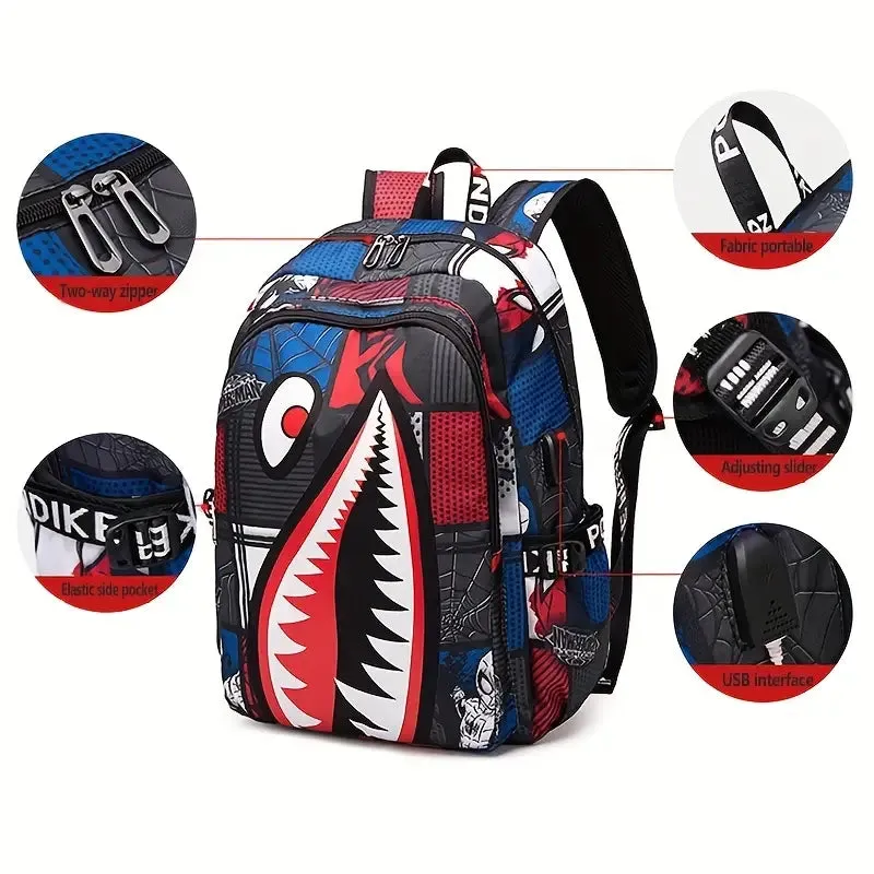 Shark Patterned Nylon Student Backpack