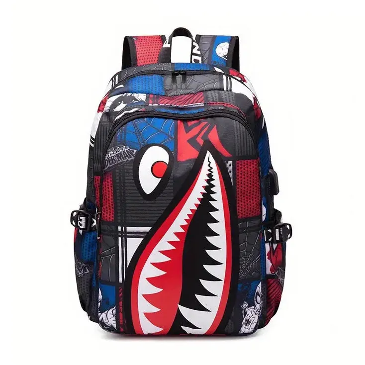 Shark Patterned Nylon Student Backpack